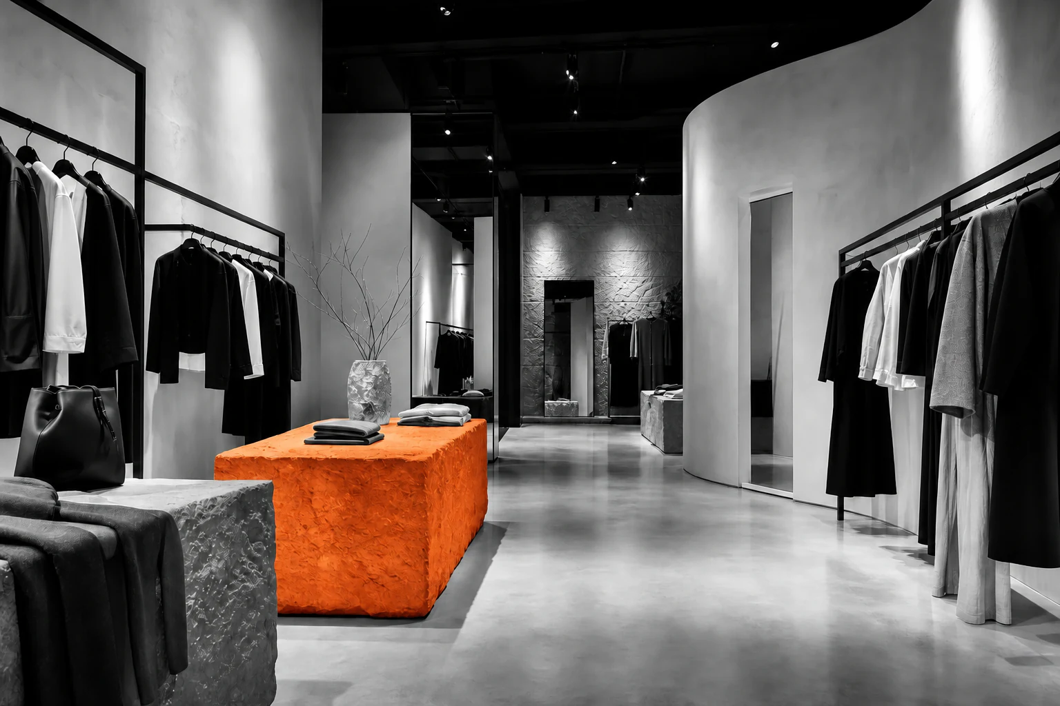 Monochrome fashion boutique with a saturated orange stone display plinth