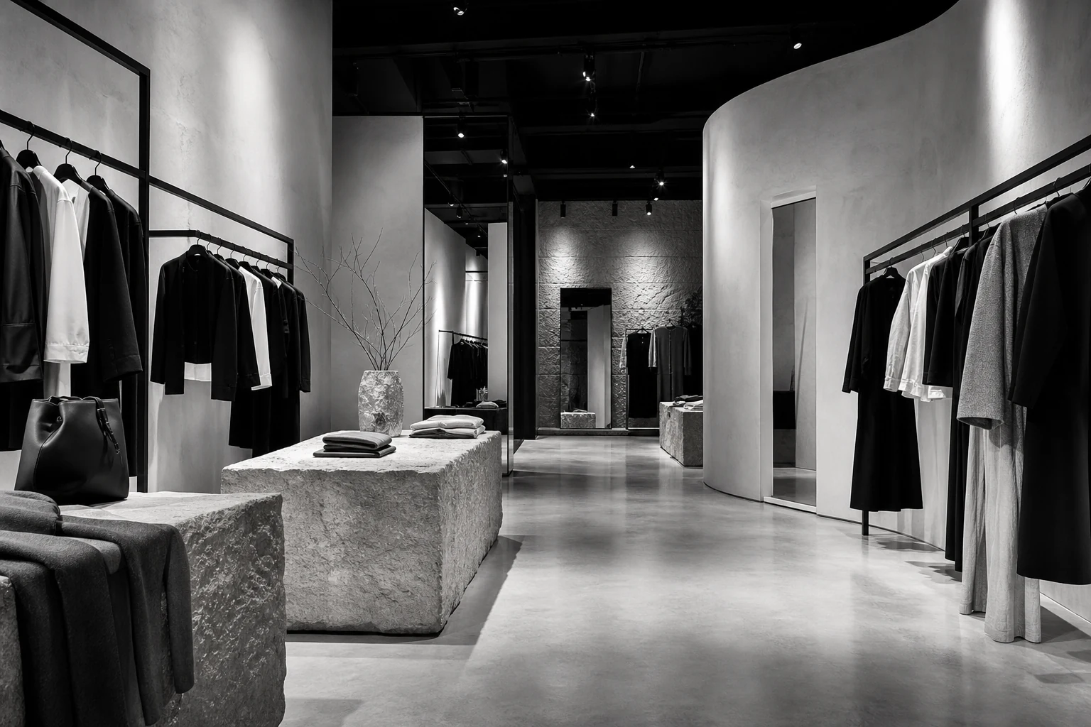 Monochrome fashion boutique with curved plaster walls