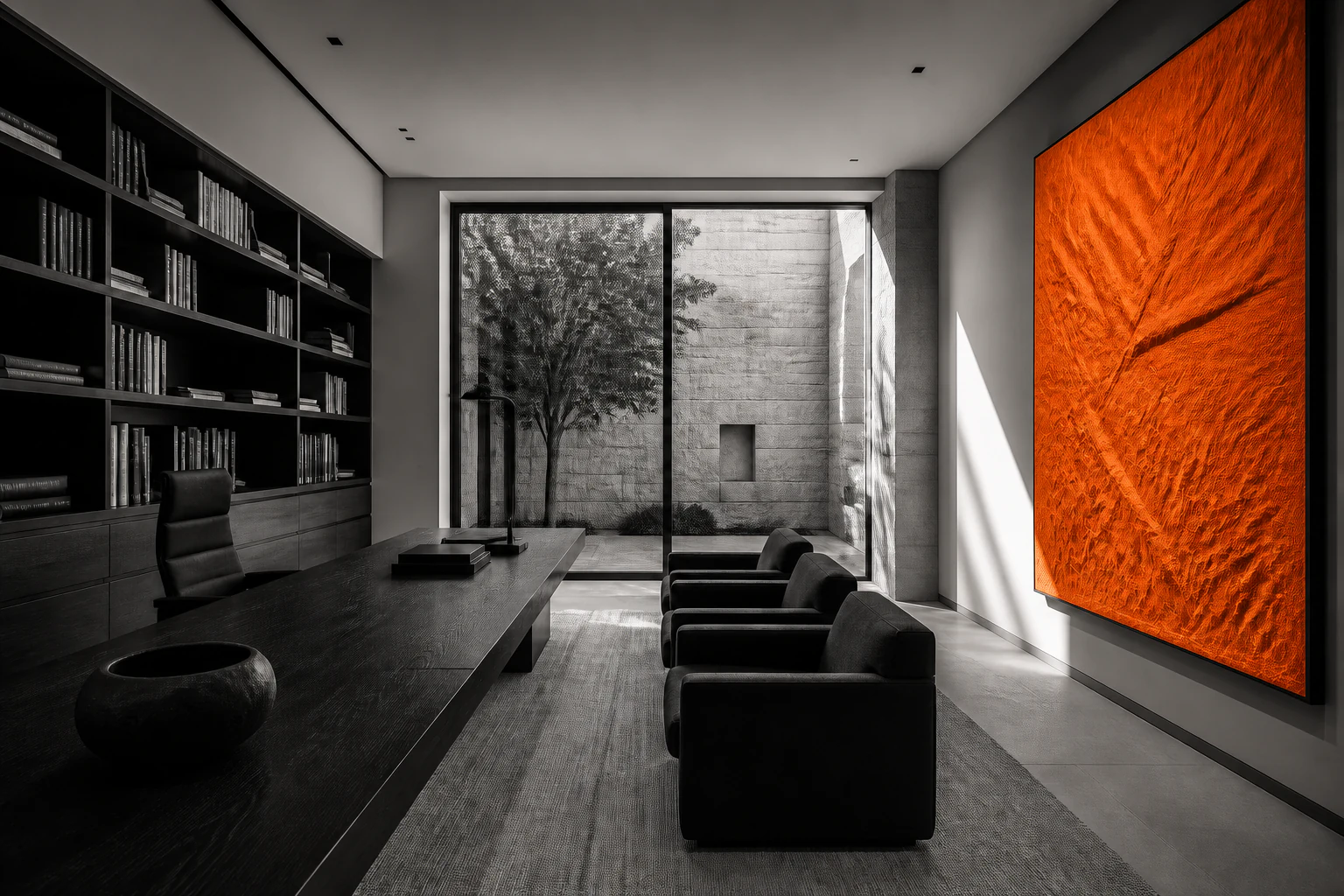 Monochrome dark oak office with saturated orange artwork facing a limestone courtyard