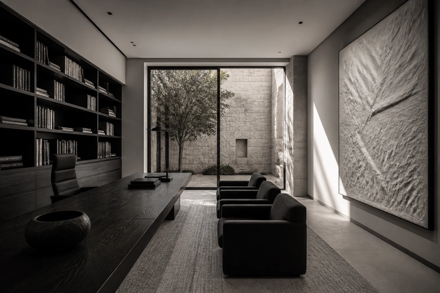 Dark oak office facing a bright limestone courtyard
