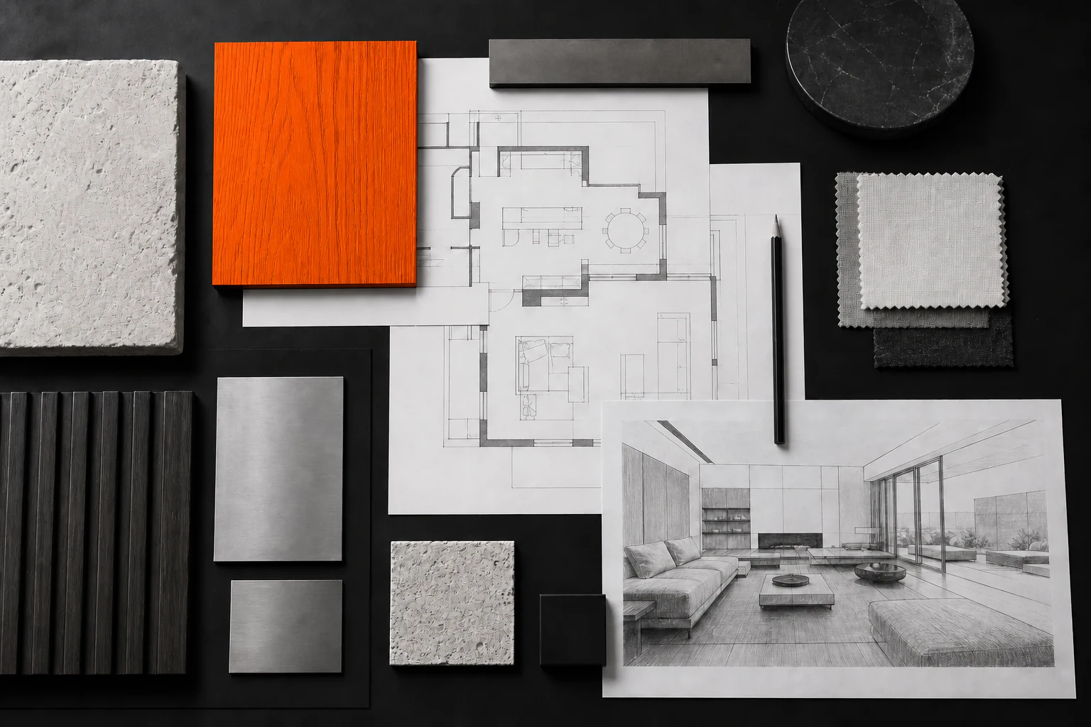 Black-and-white material study with a large saturated orange wood sample