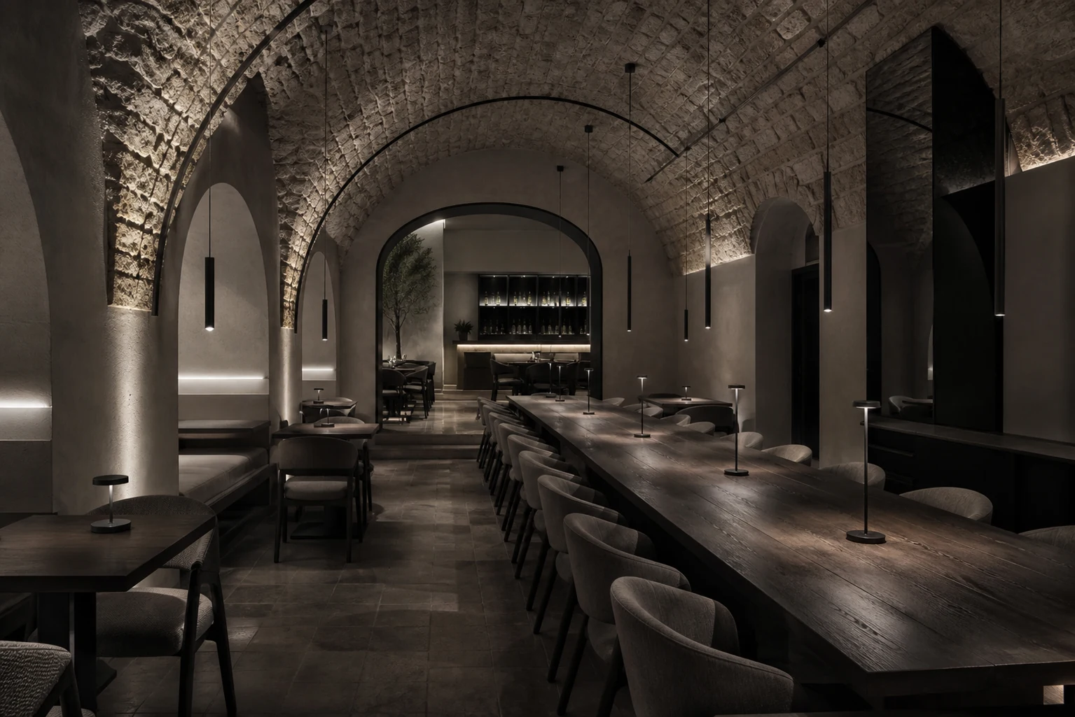 Contemporary restaurant inside historic stone vaults